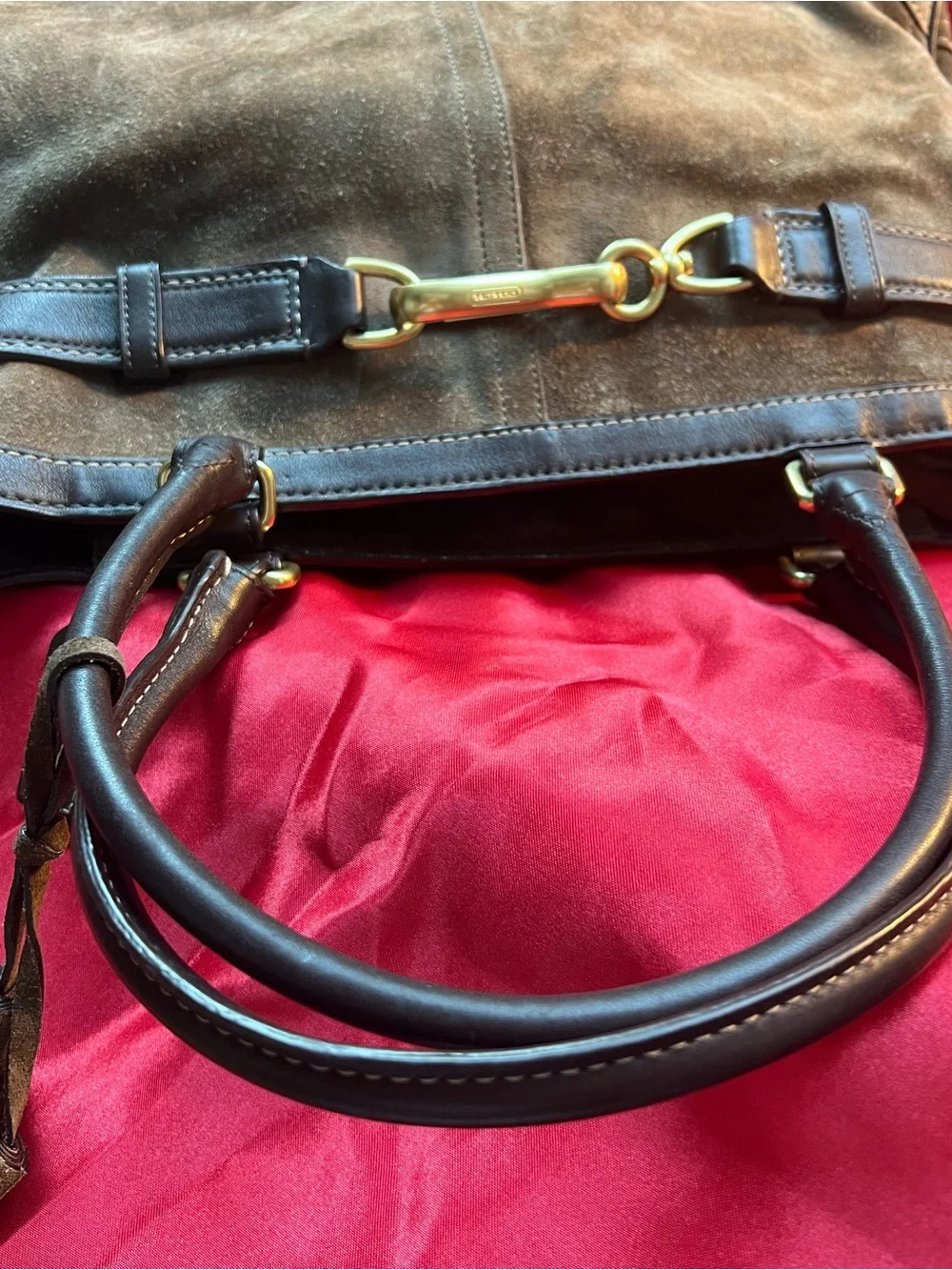 Coach Brown Suede Tote Bag with Brass Hardware